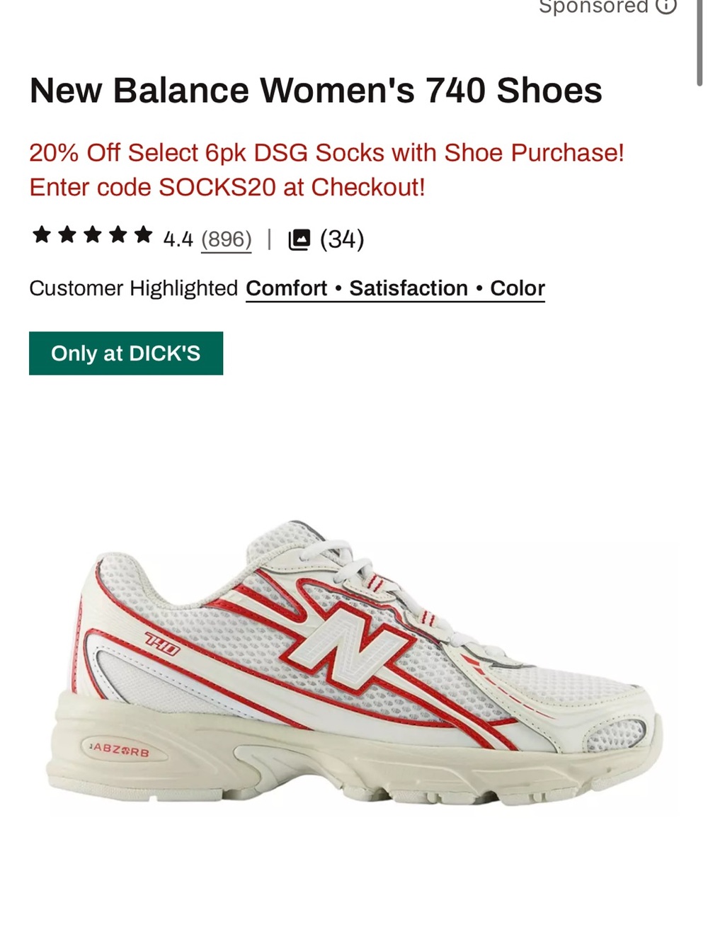 New Balance Women’s 740 Sneakers White and Red